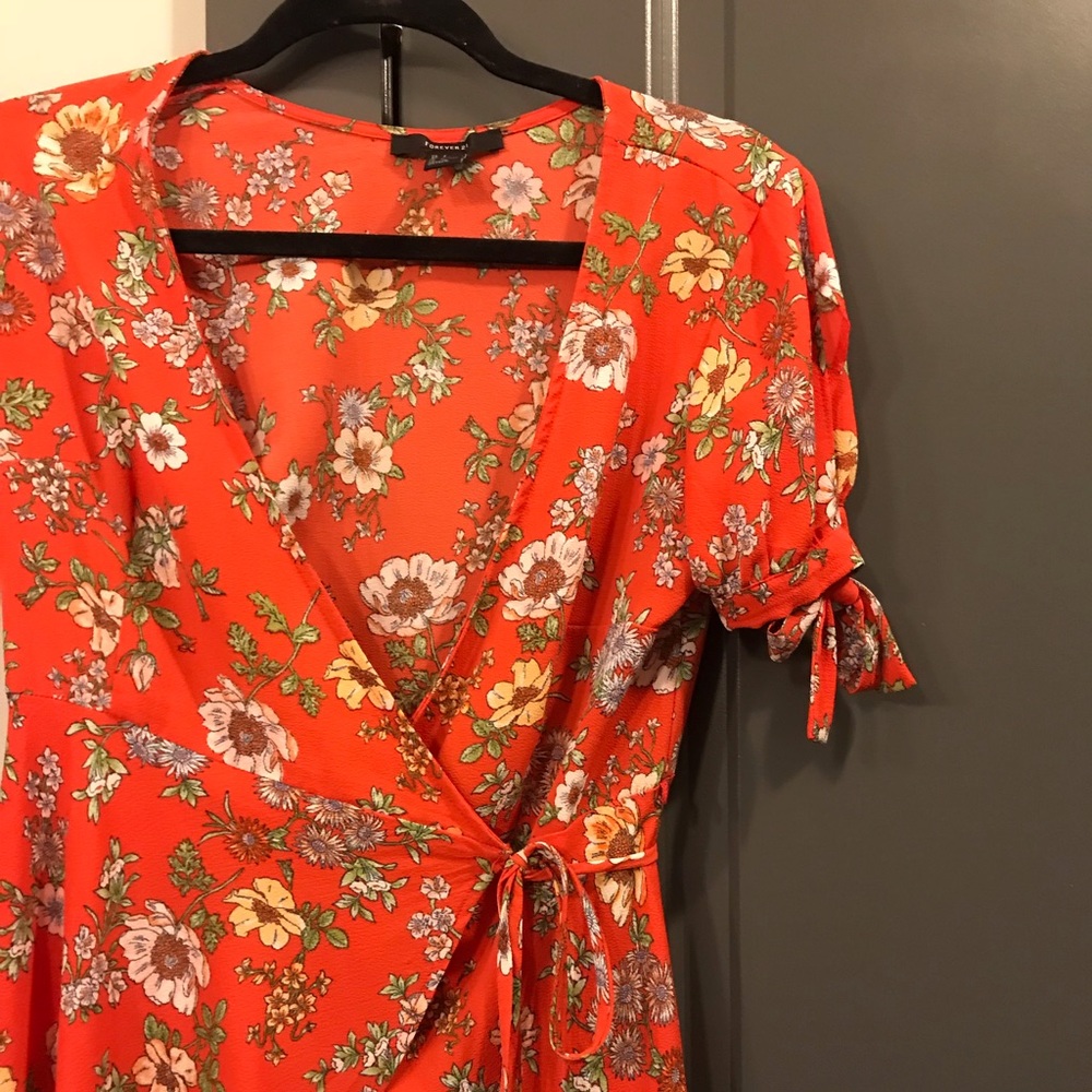 Red floral wrap around dress